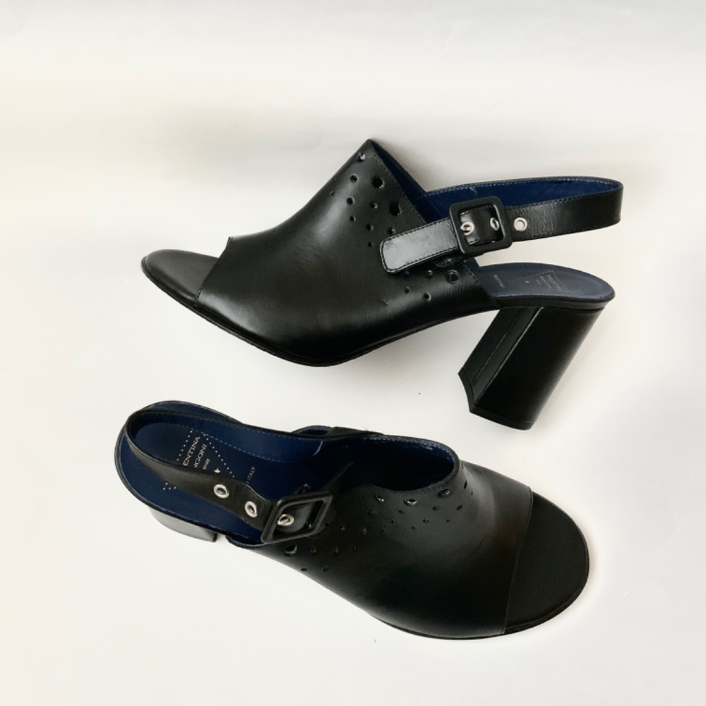 VALENTINA RANGONI Carmine Block Heel Peep Toe Mule Black Leather Heeled Sandals - Picture 11 of 11